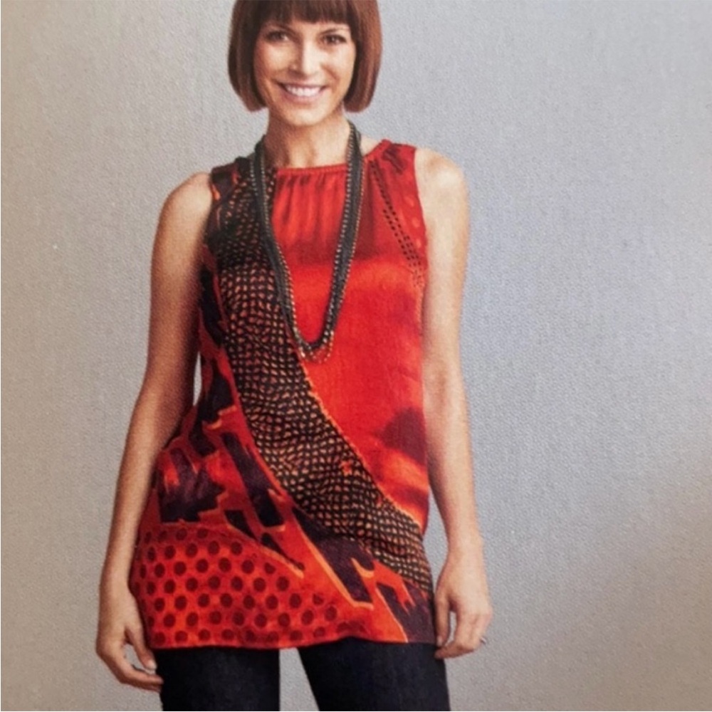Cabi Red Hot Top red black tunic sleeveless silk geometric zipper